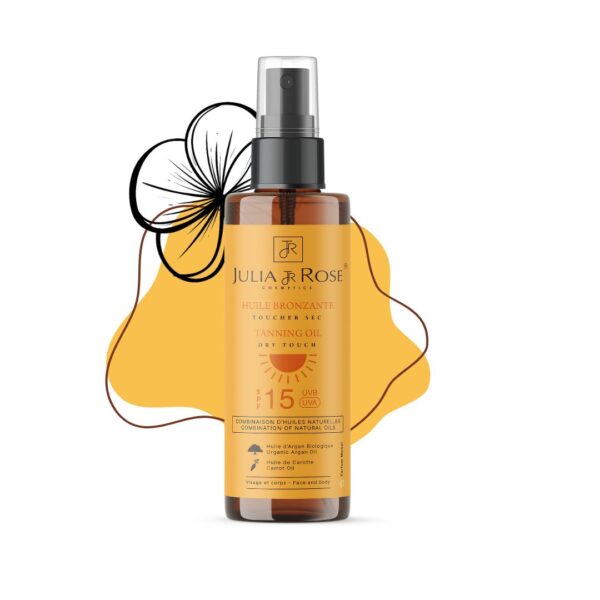 Huile Bronzante SPF 15 à absorption rapide de Julia & Rose - Protection et hydratation pour un bronzage parfait.